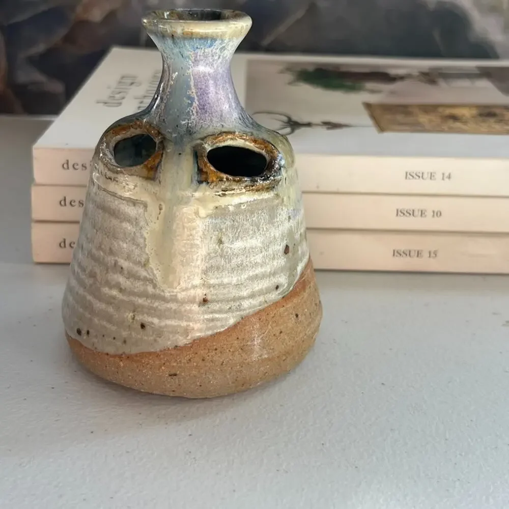 Studio Art Stoneware Vase Flower Frog 4.5 x 3.5 in Multicolor Dip Glaze Speckled
